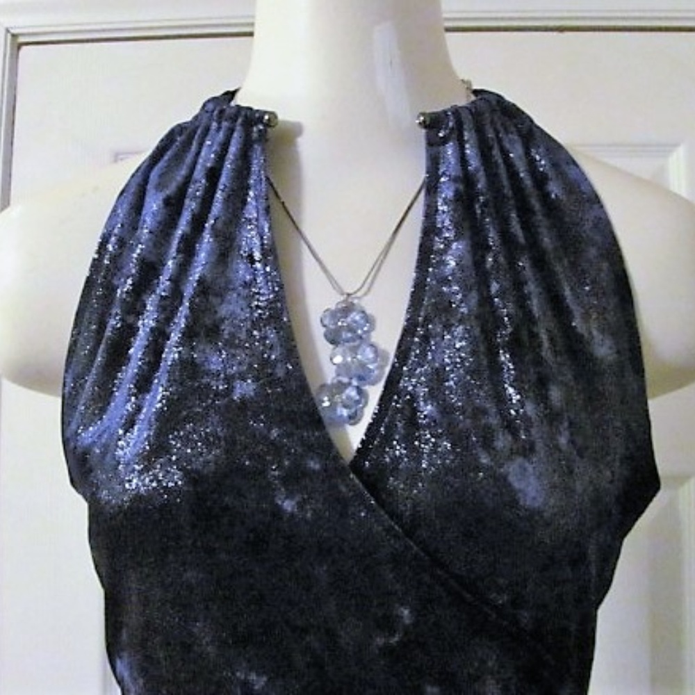 Tahari navy blue velvet cowl neck collar